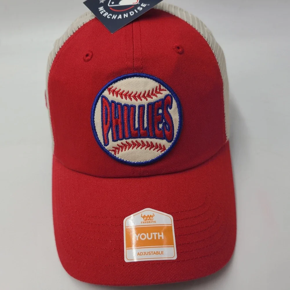 Youth Philadelphia Phillies Hat Snapback Trucker Mesh Fan Favorite Red Beige MLB